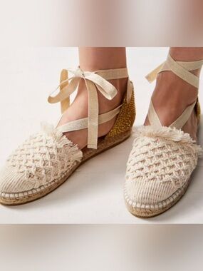 Free People Woven Cream Espadrille Wedge with Ankle Tie 7
